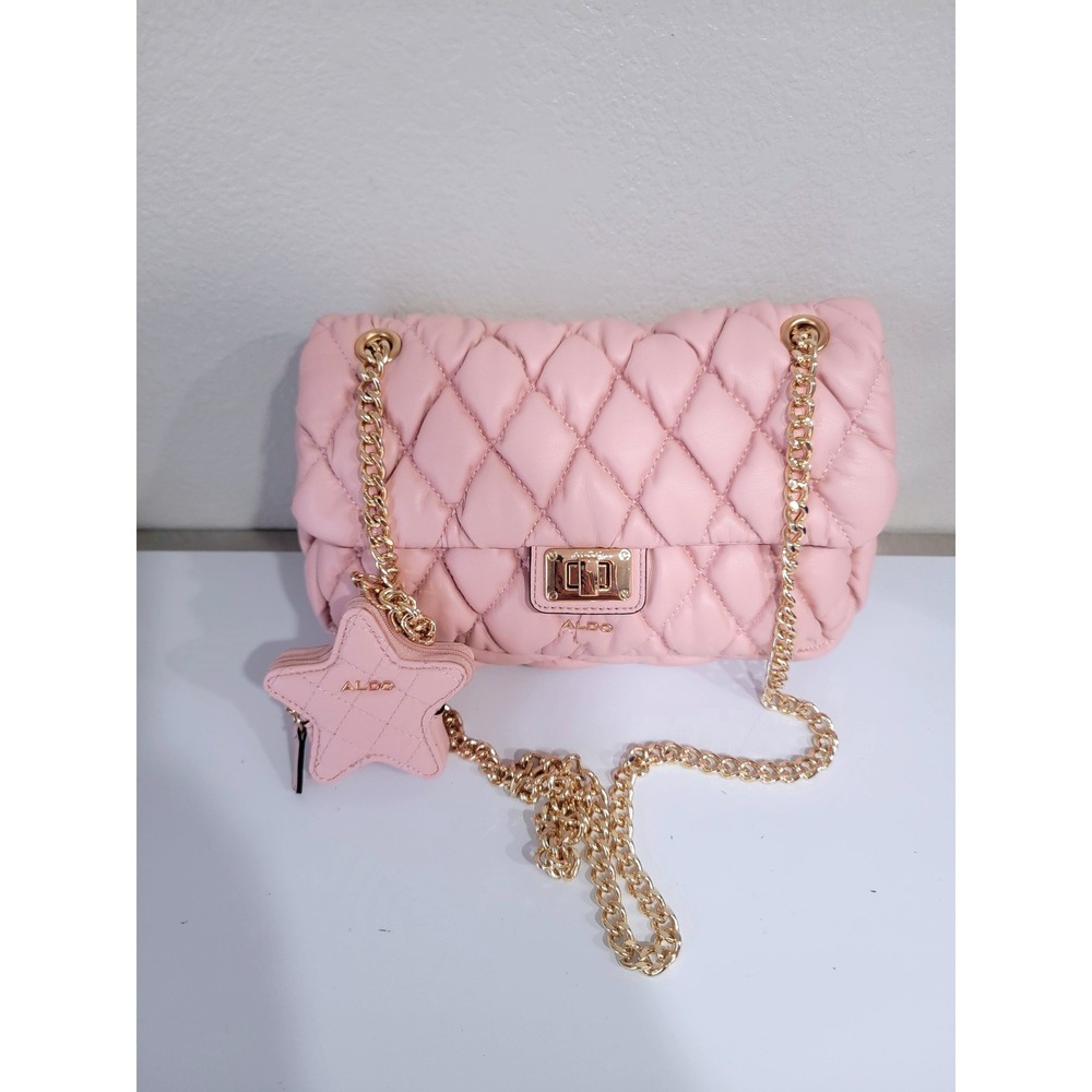 Aldo Womens Quilted Crossbody Bag Pink OS Gold Chain Star Charm Shoulder Purse - Picture 3 of 8